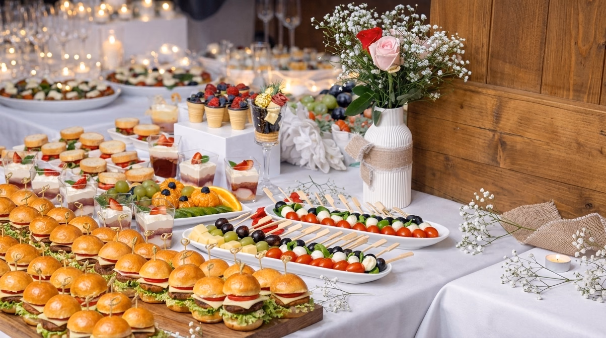 Buffet with mini burgers, finger food and desserts
