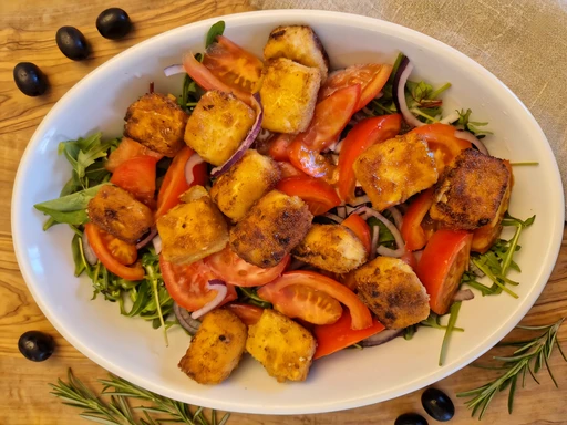 Salat mit gebratenem Käse und Tomaten