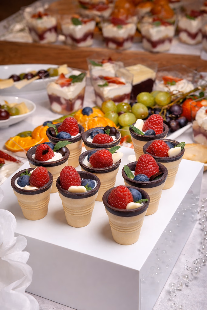 Desserts in wafer cups with strawberries
