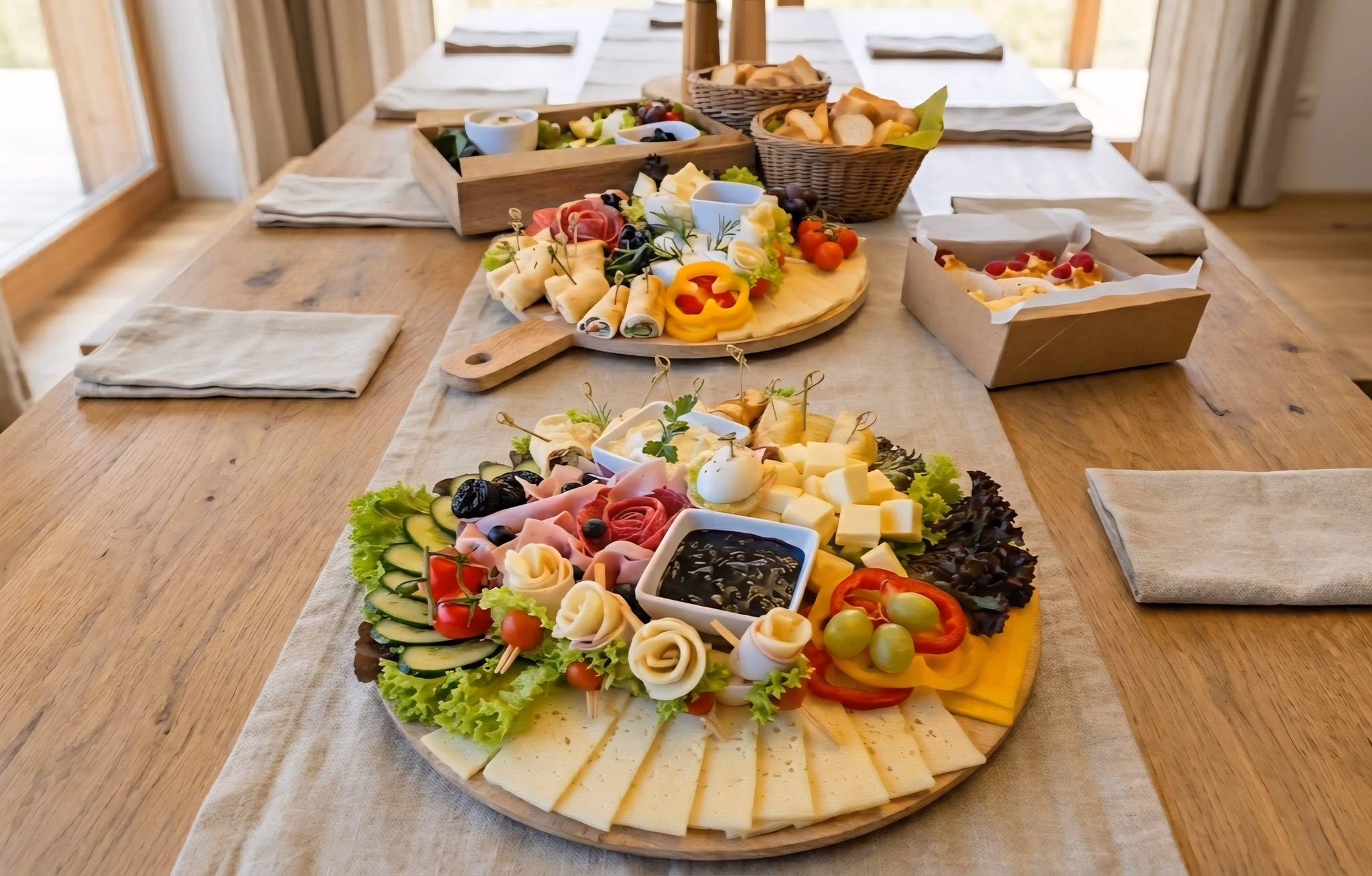 Käse- und Wurstplatte mit Brotkorb auf einem Holztisch