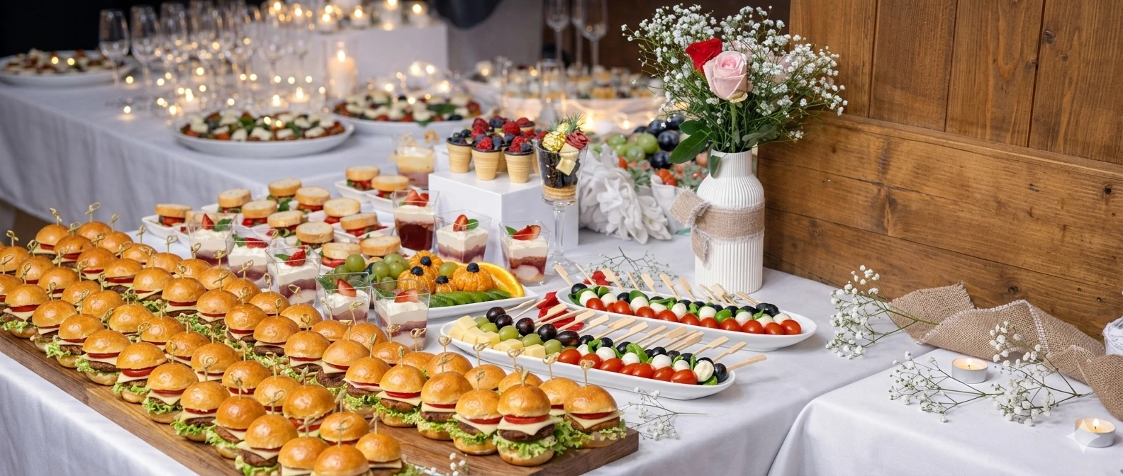 Langes Buffet mit Mini-Burgern und Fingerfood