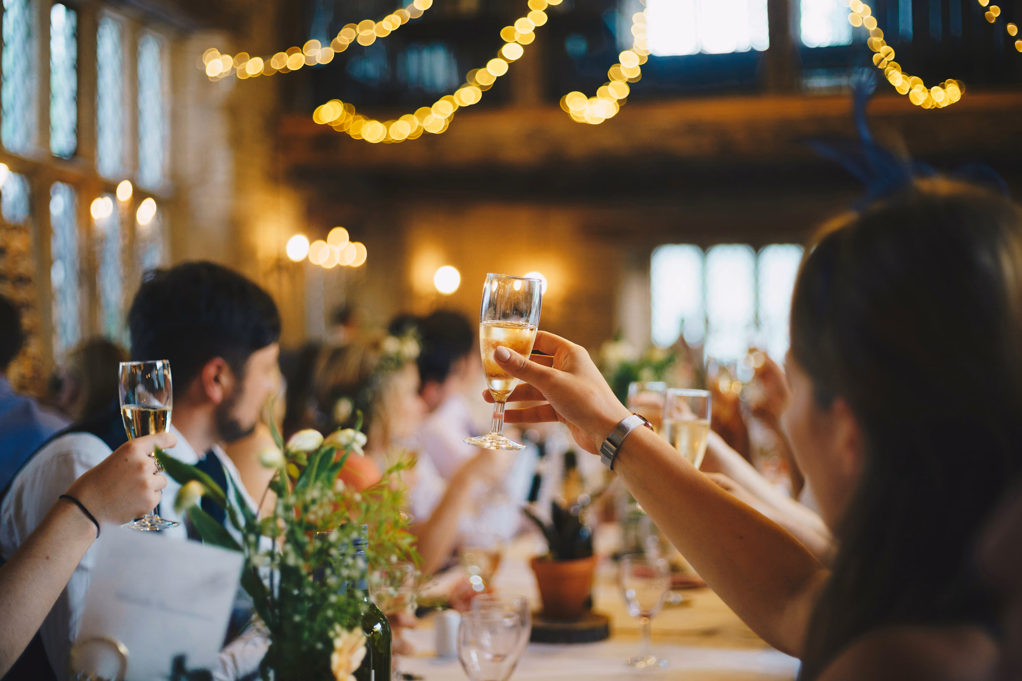 Guests raising a toast at a festive table under fairy lights