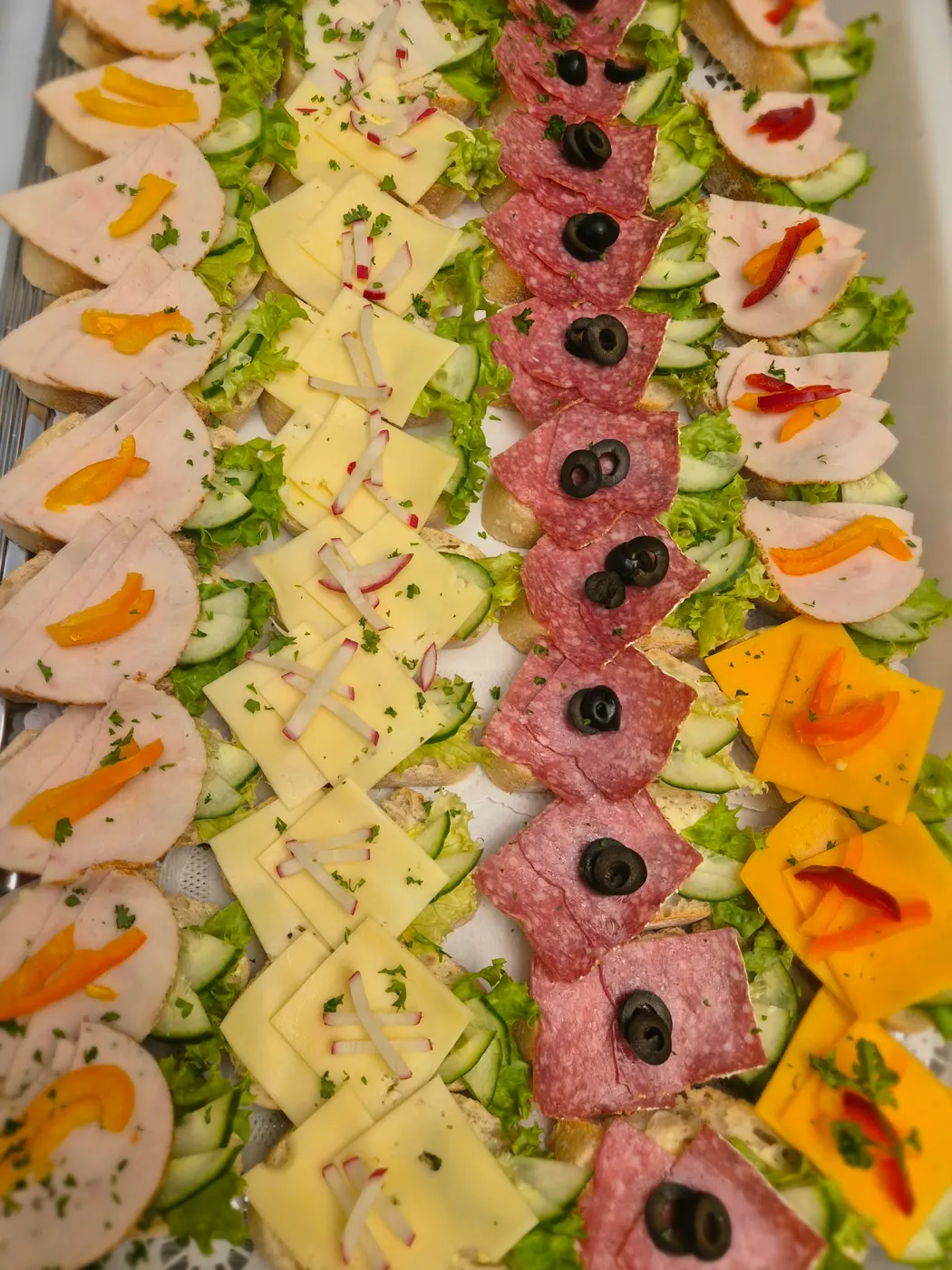 Cold cuts and cheese platter on cucumber slices
