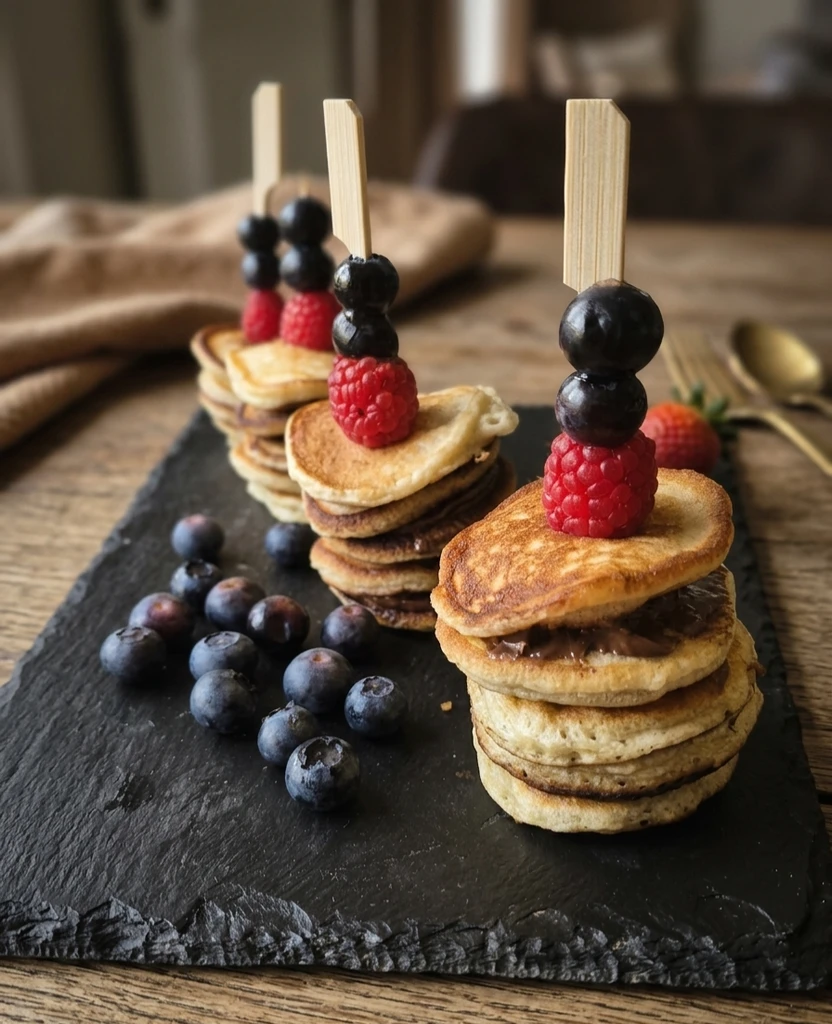 Pancake stacks with berries on a slate board
